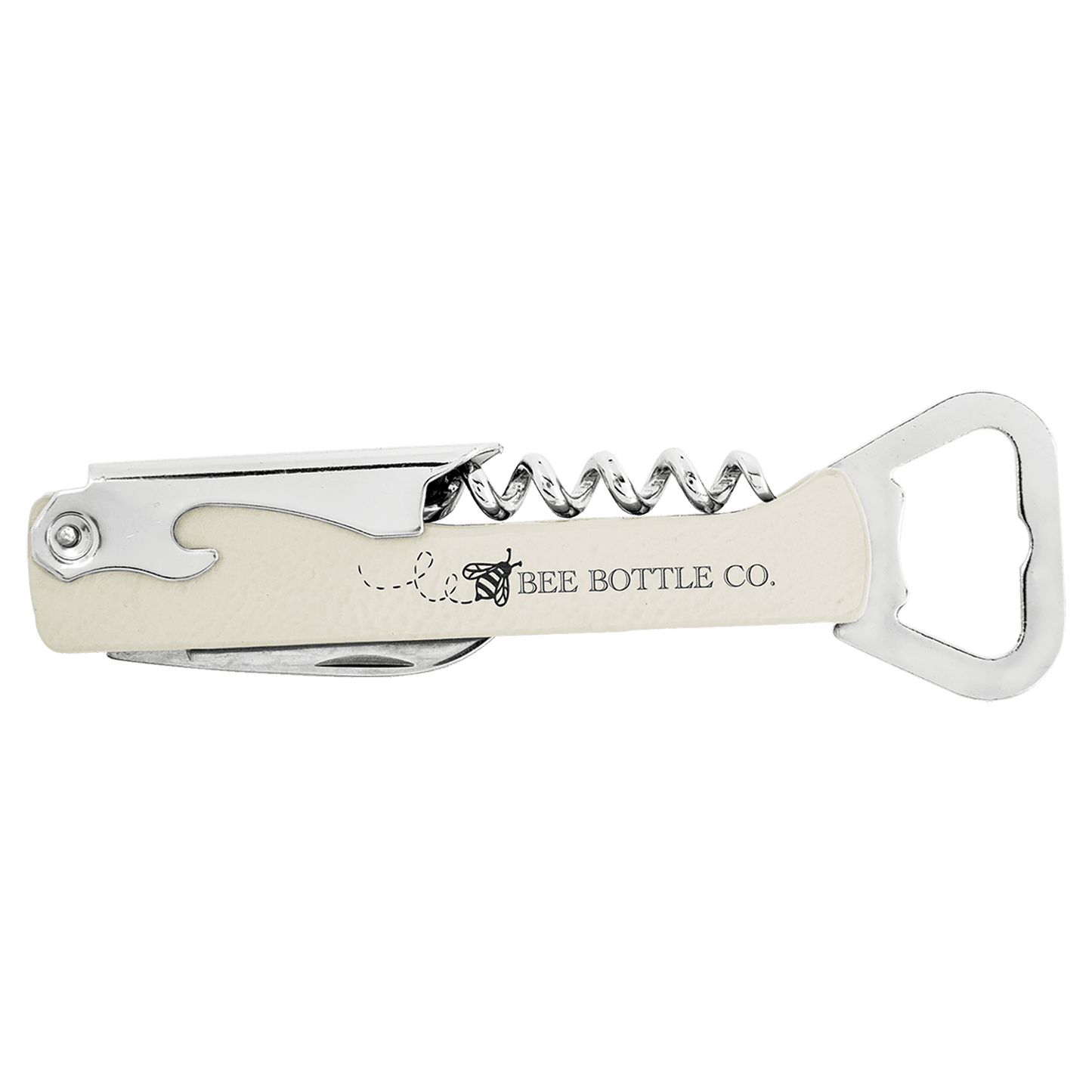 Premier Leatherette laserable leatherette wine bottle opener with sleek design and metallic finish on a white background.