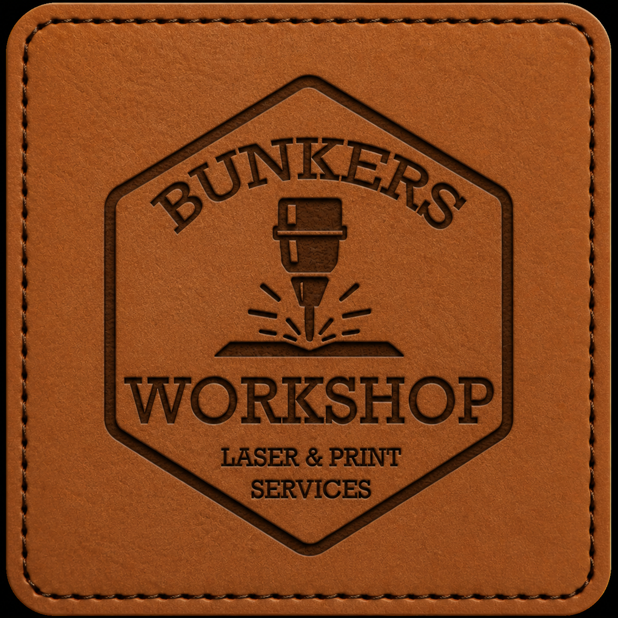 Laser engraved leatherette coaster with custom name or logo from Bunkers Workshop, showing a personalized design on the surface.