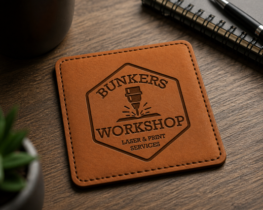 Custom laser engraved leatherette coaster with personalized name or logo, featuring Bunkers Workshop branding.