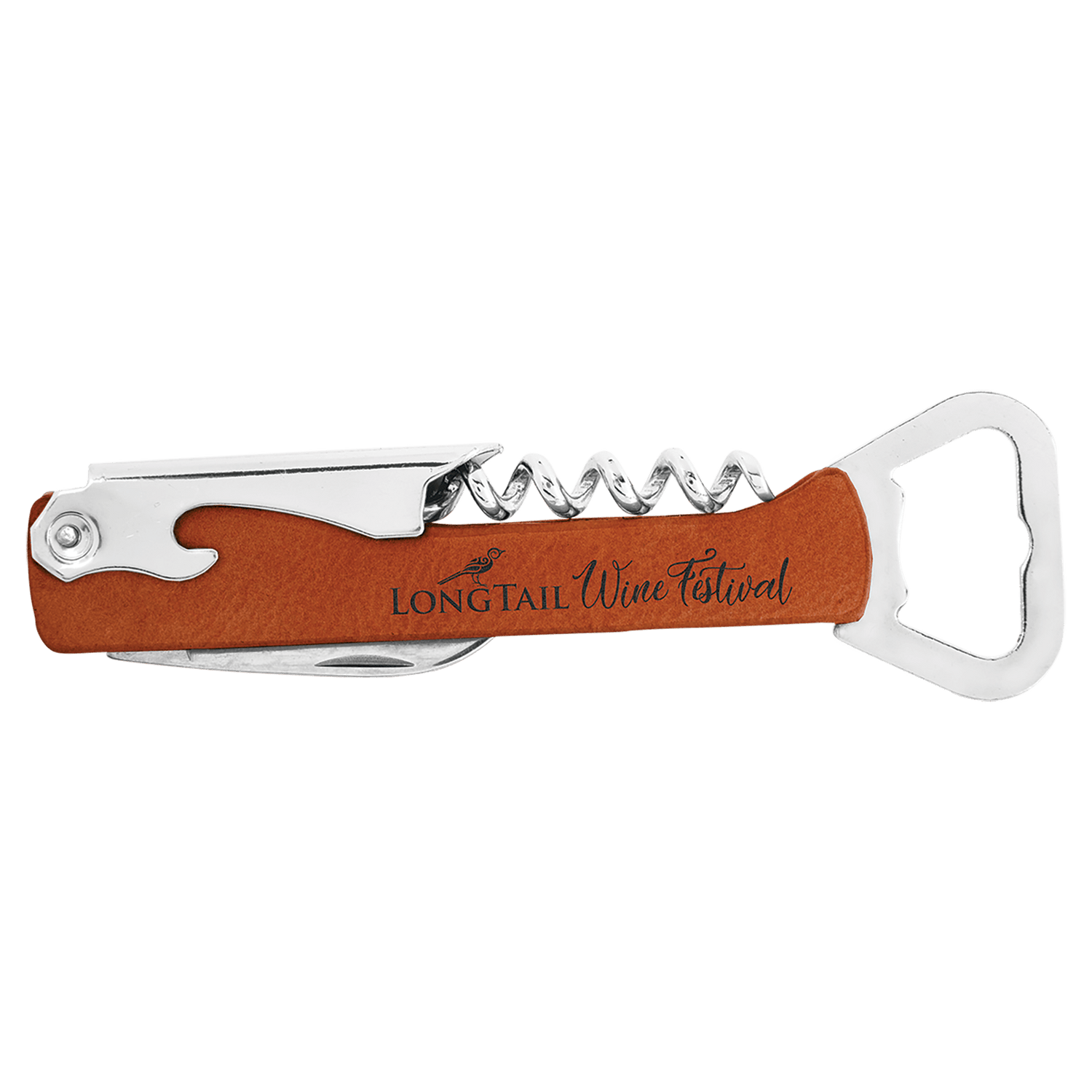 Premier Leatherette laserable wine bottle opener with sleek design and easy cork removal for wine enthusiasts.