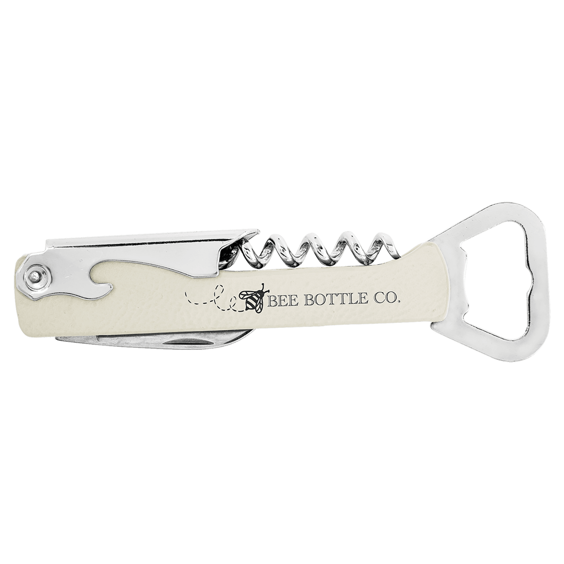 Premier Leatherette laserable leatherette wine bottle opener with sleek design and metallic finish on a white background.