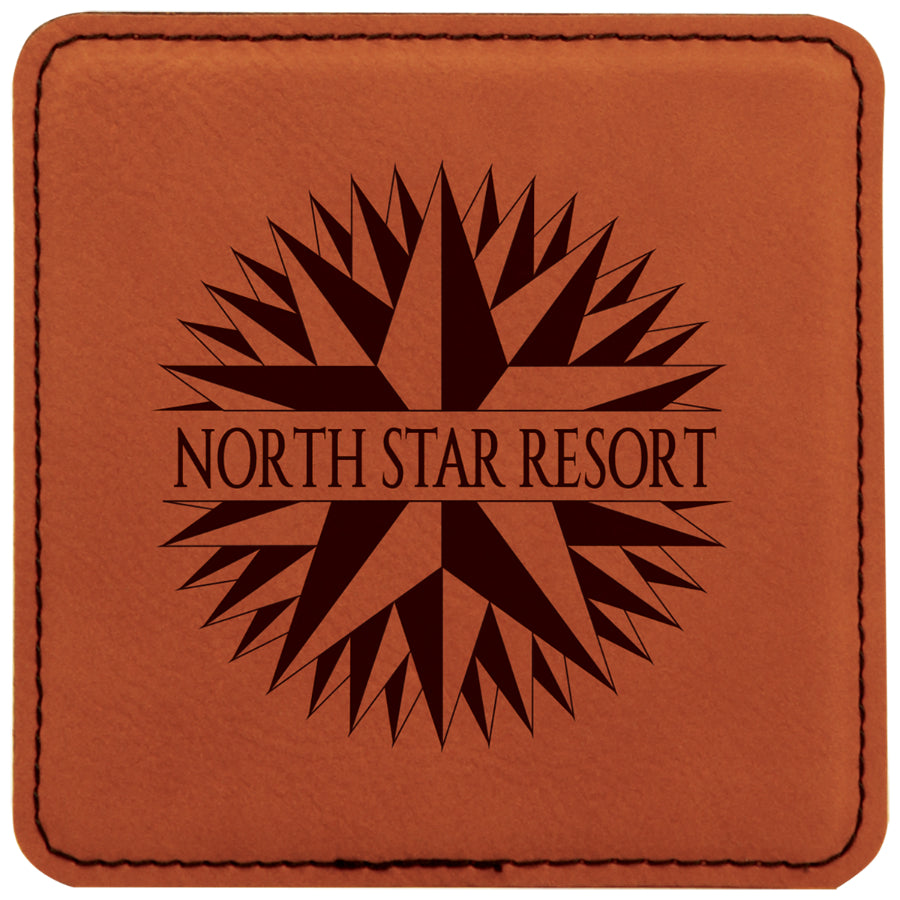 Laser engraved leatherette coaster with custom name or logo from Bunkers Workshop, showcasing detailed personalization on a brown coaster.