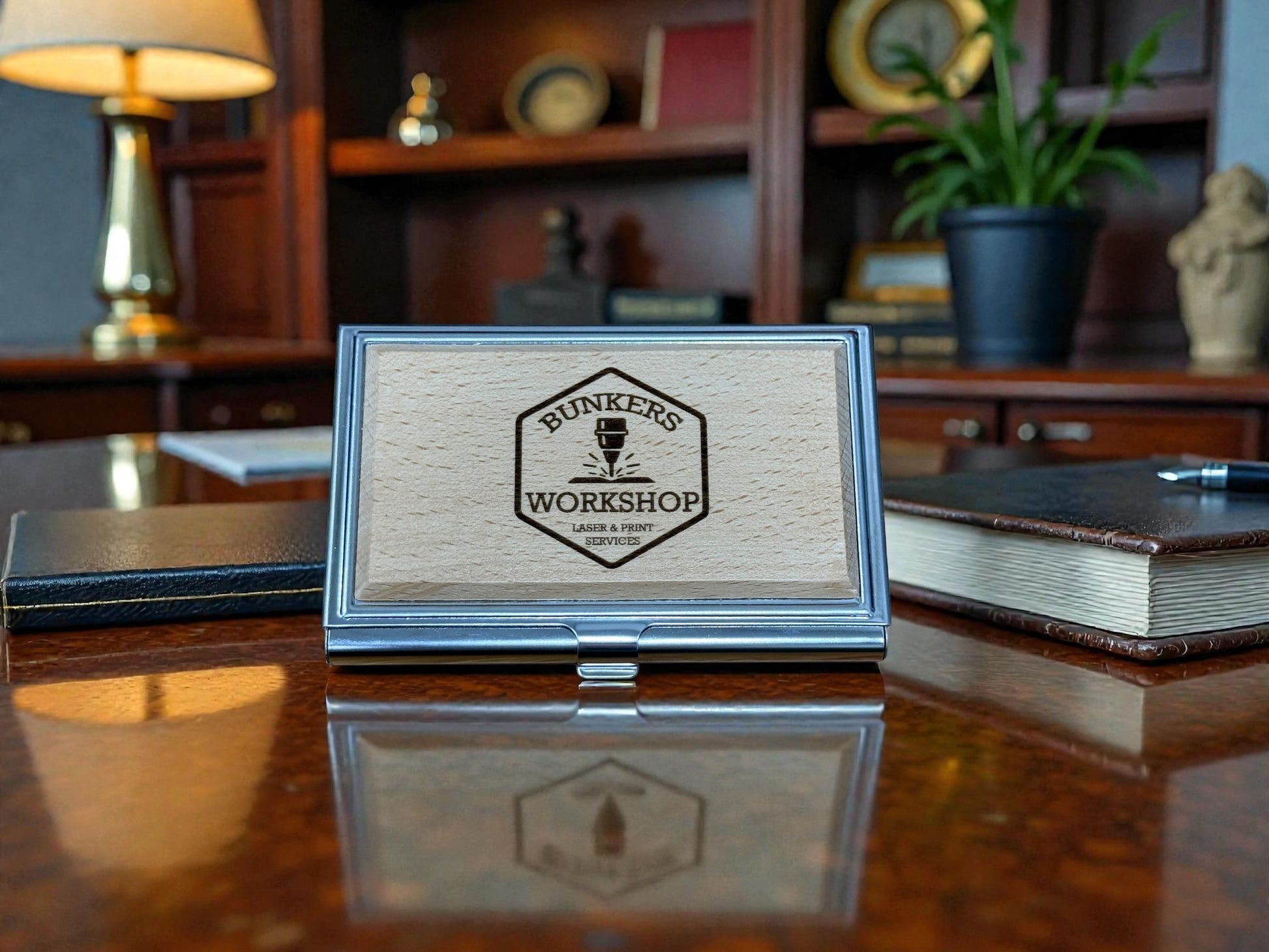 Wood and metal business card holder by Bunkers Workshop, featuring a sleek design and multiple slots for organized card storage.