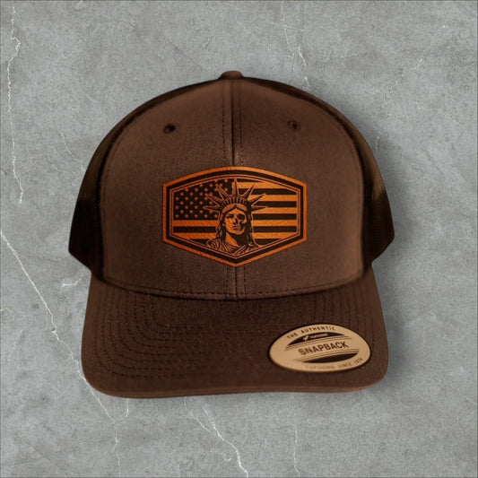 Lady Liberty Hat | Patriotic Trucker Hat with Leather Patch | American Flag Cap | USA Pride Gift | Snapback Hat for Men