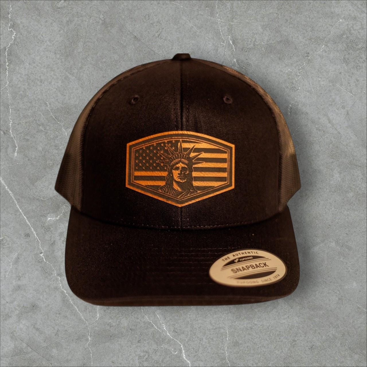 Lady Liberty Hat | Patriotic Trucker Hat with Leather Patch | American Flag Cap | USA Pride Gift | Snapback Hat for Men