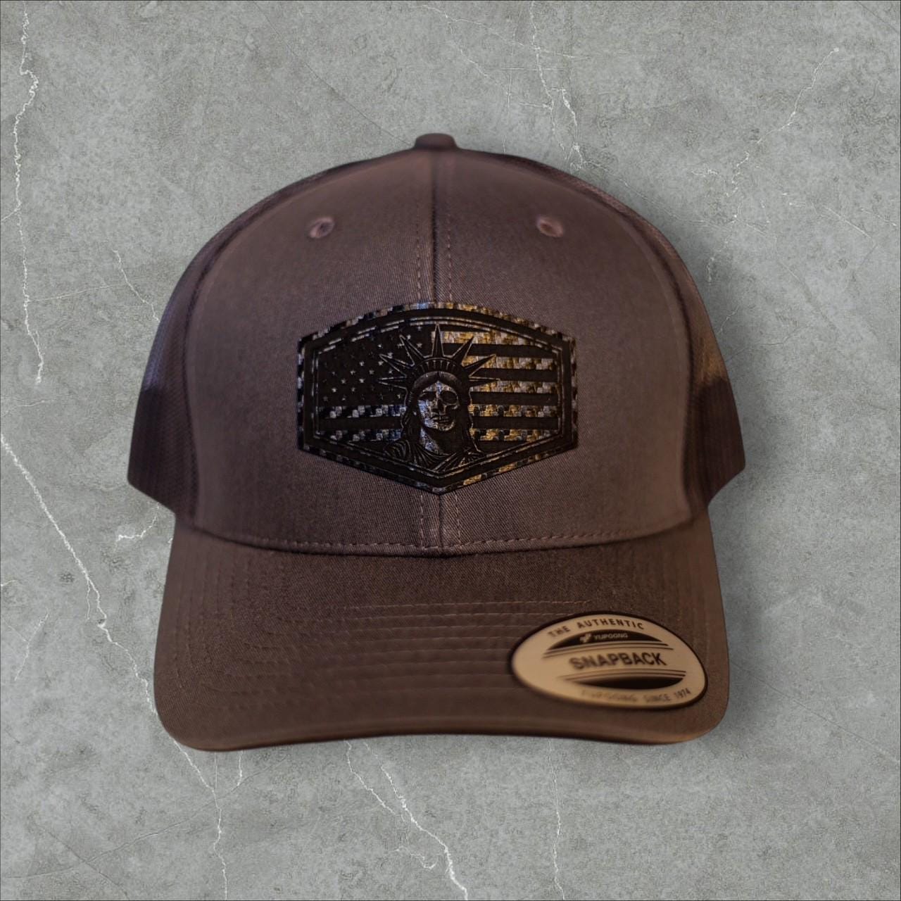 Lady Liberty Hat | Patriotic Trucker Hat with Leather Patch | American Flag Cap | USA Pride Gift | Snapback Hat for Men