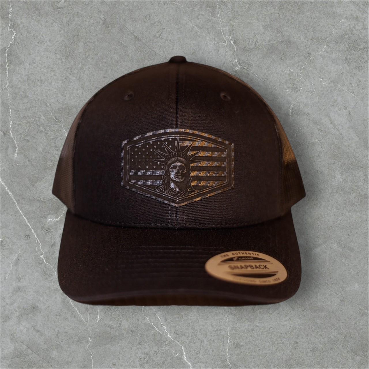 Lady Liberty Hat | Patriotic Trucker Hat with Leather Patch | American Flag Cap | USA Pride Gift | Snapback Hat for Men