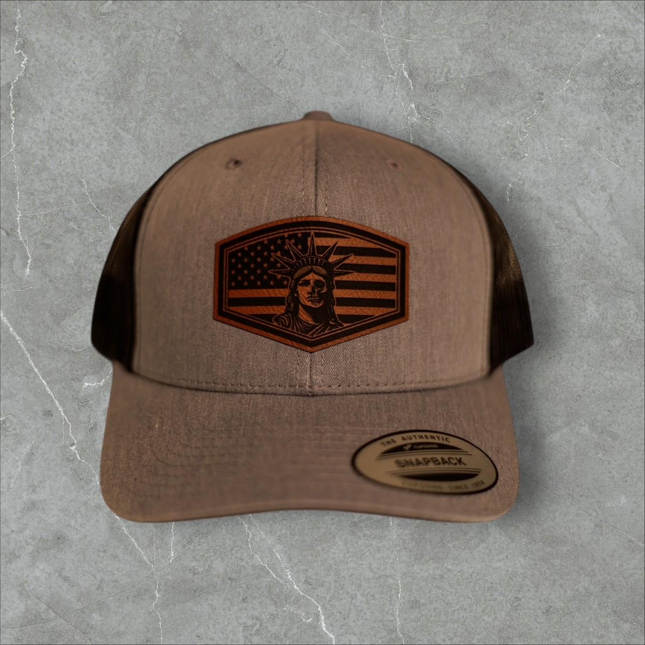 Lady Liberty Hat | Patriotic Trucker Hat with Leather Patch | American Flag Cap | USA Pride Gift | Snapback Hat for Men