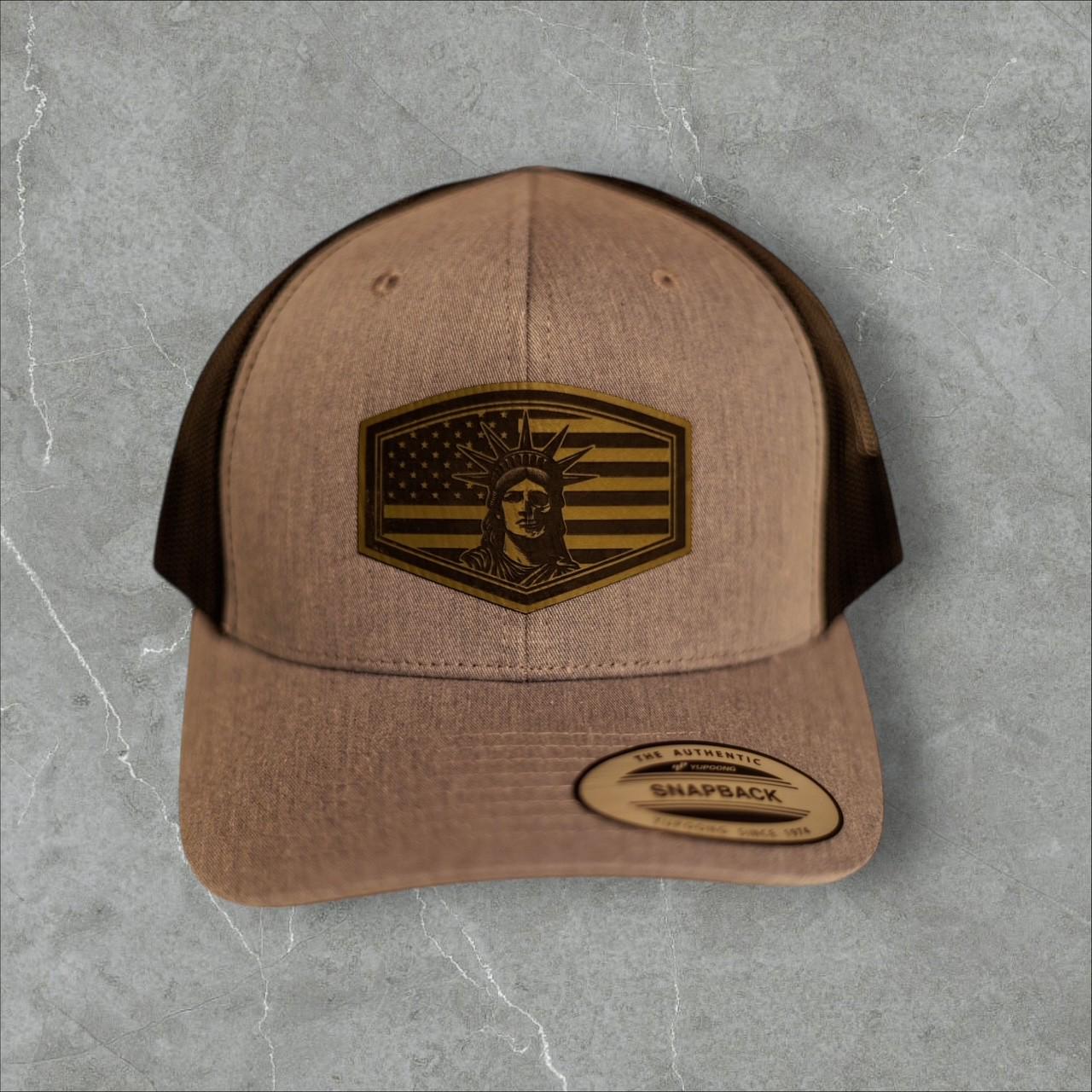 Lady Liberty Hat | Patriotic Trucker Hat with Leather Patch | American Flag Cap | USA Pride Gift | Snapback Hat for Men