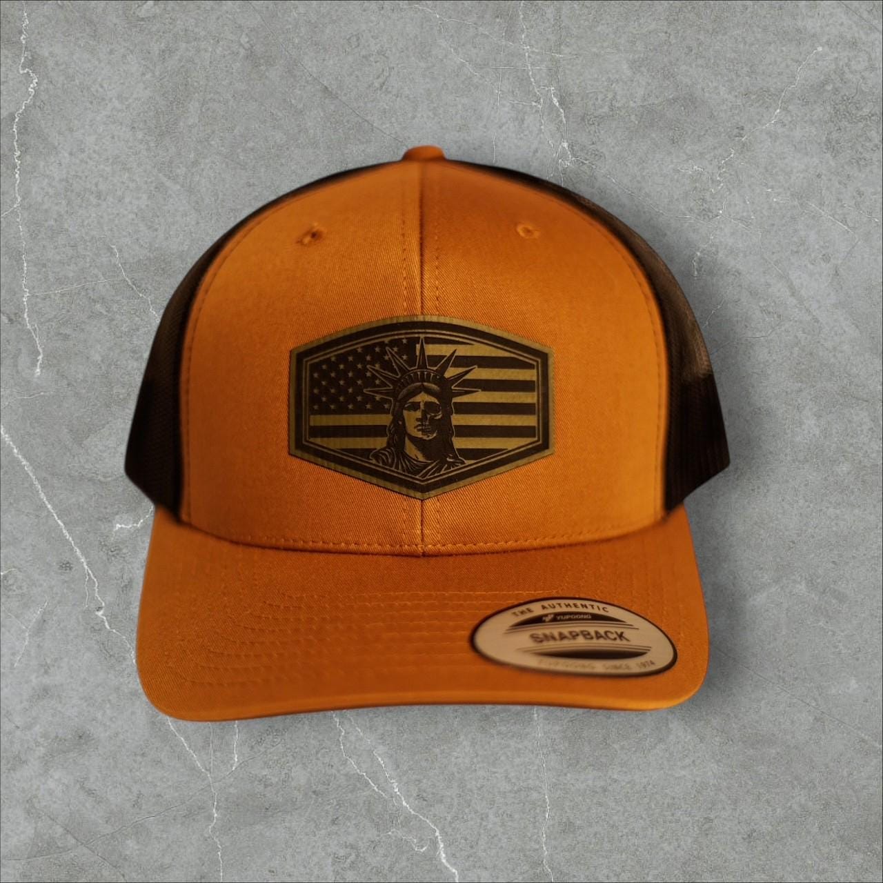 Lady Liberty Hat | Patriotic Trucker Hat with Leather Patch | American Flag Cap | USA Pride Gift | Snapback Hat for Men