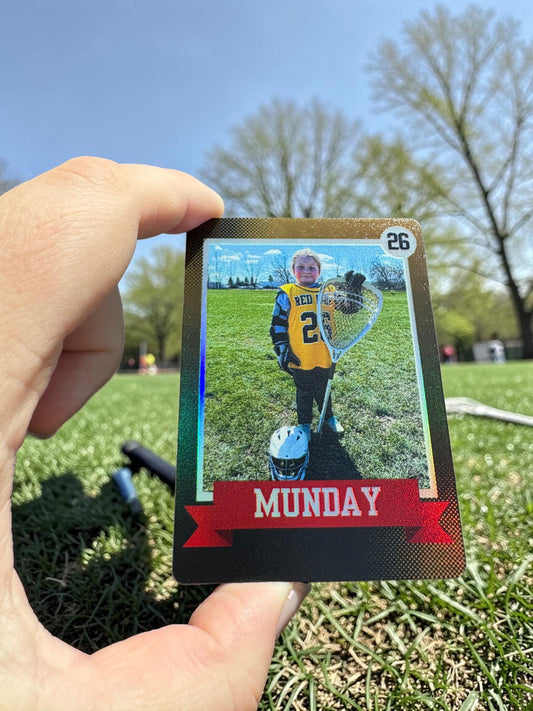 Personalized kids sports trading card featuring youth athlete with photo, ideal for baseball, football, soccer, or lacrosse teams.