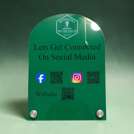 Custom QR code social media sign for business by Bunkers Workshop, featuring a sleek design for easy customer engagement.