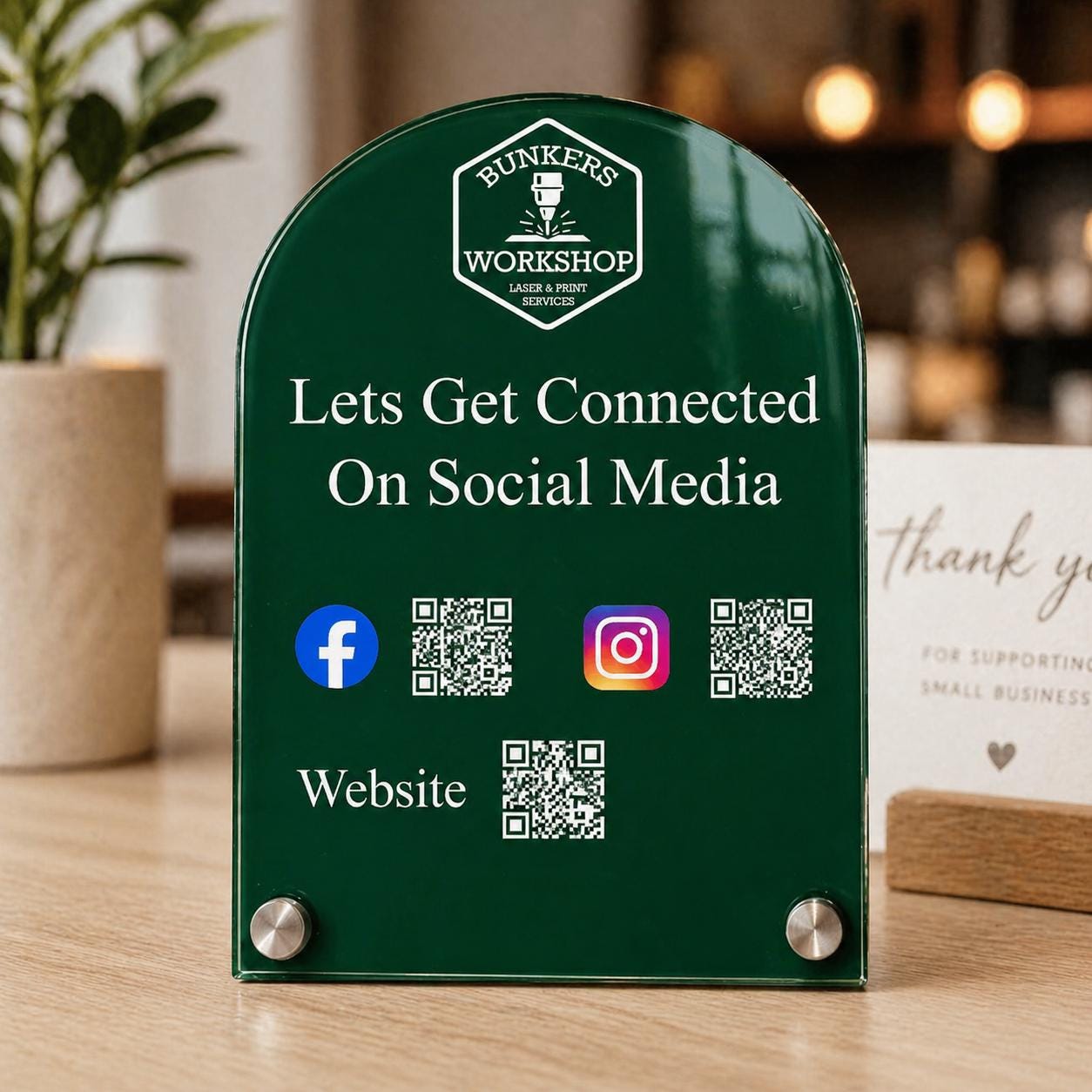 Custom QR code social media sign for business by Bunkers Workshop, featuring a sleek design and scannable QR code.
